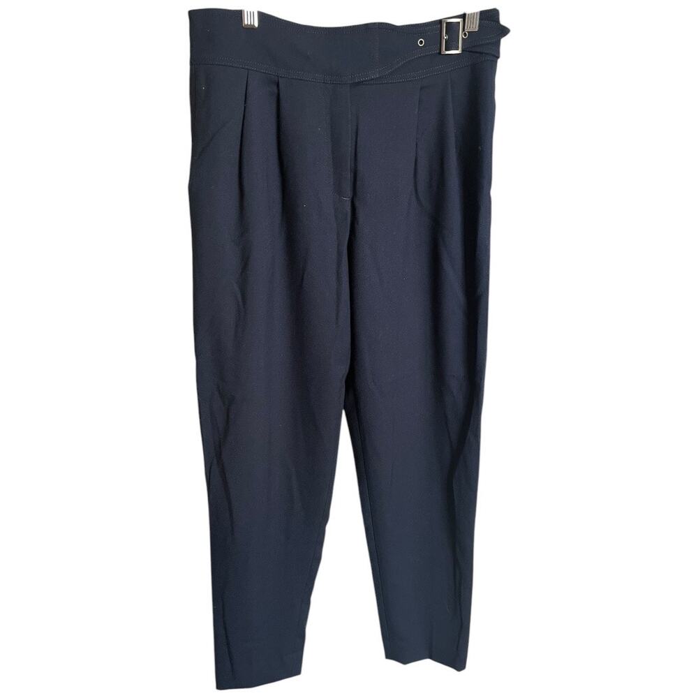 Cartonnier navy blue pleated high rise trouser dress pants buckle belt size 4